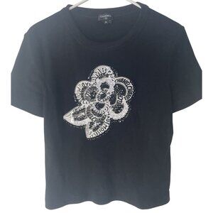 Chanel Black Camellia Embellished Short Sleeve T-Shirt Womens Size 34